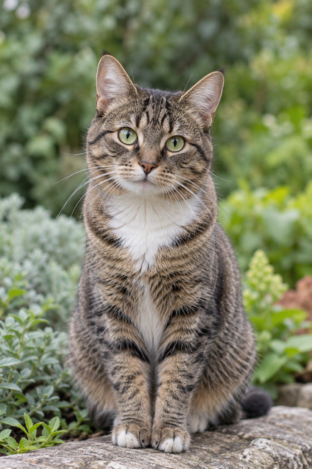 Tabby cat with green eyes sitting in a softly lit garden