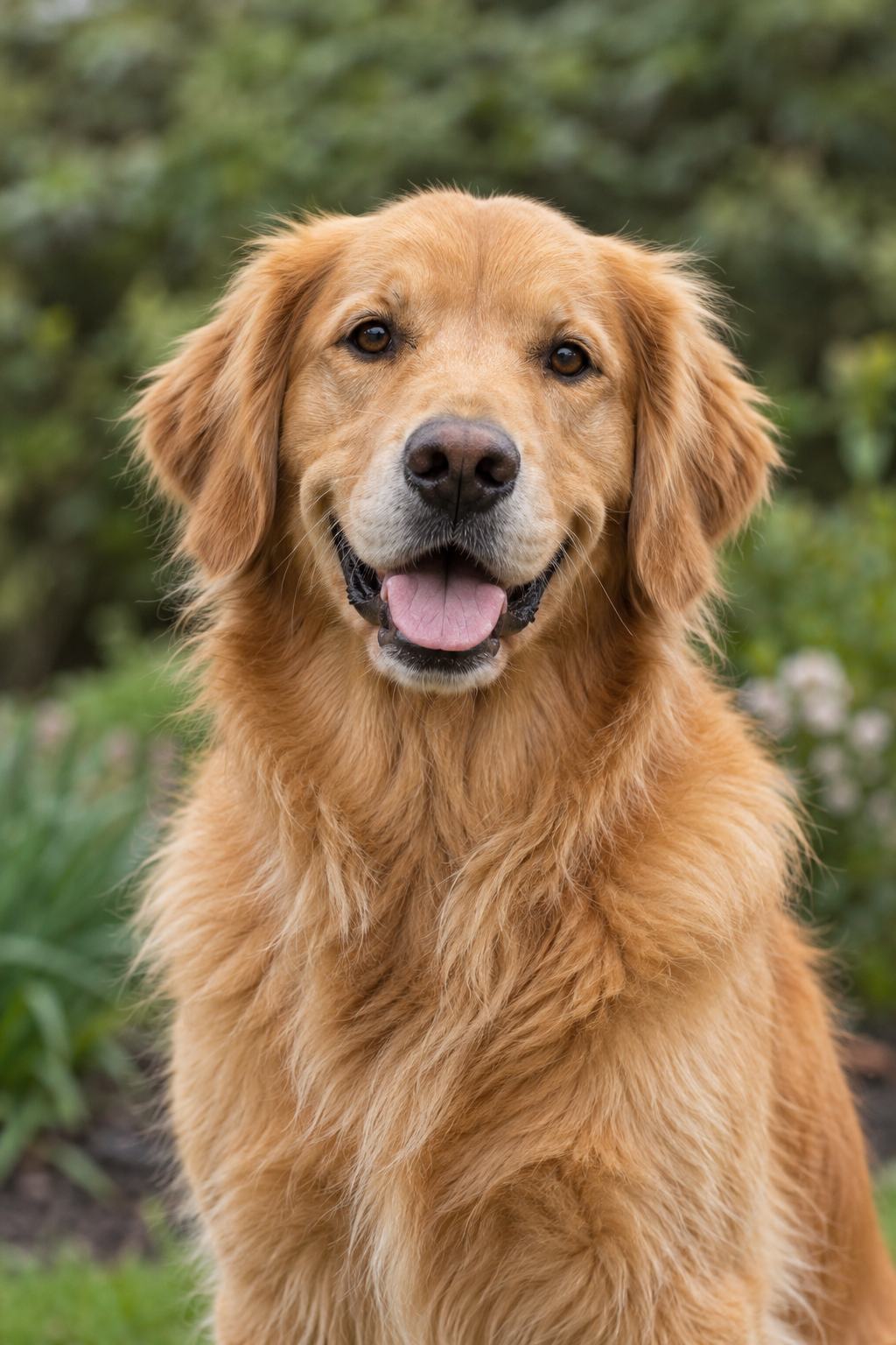 Golden retriever with a relaxed expression in a softly lit garden